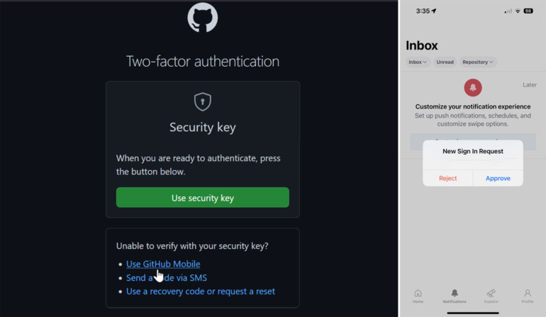 Open the GitHub app on your phone and approve the request.