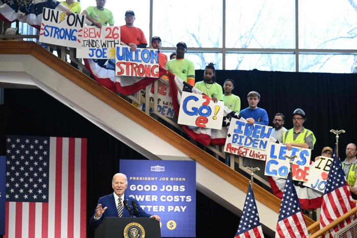 US President Joe Biden speaks on the economy last month at the International Brotherhood of Electrical Workers Local 26 union, in Lanham, Maryland