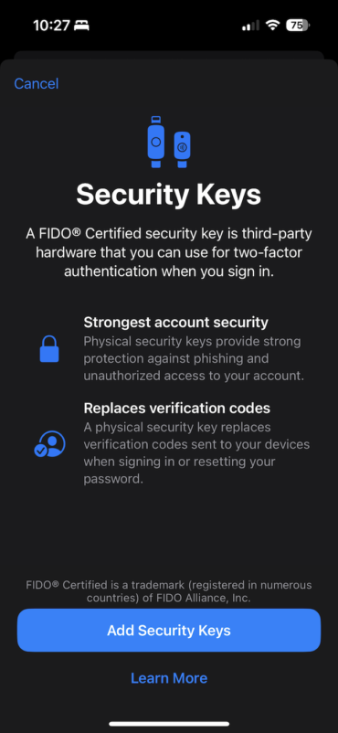 The Security Key setup screen.