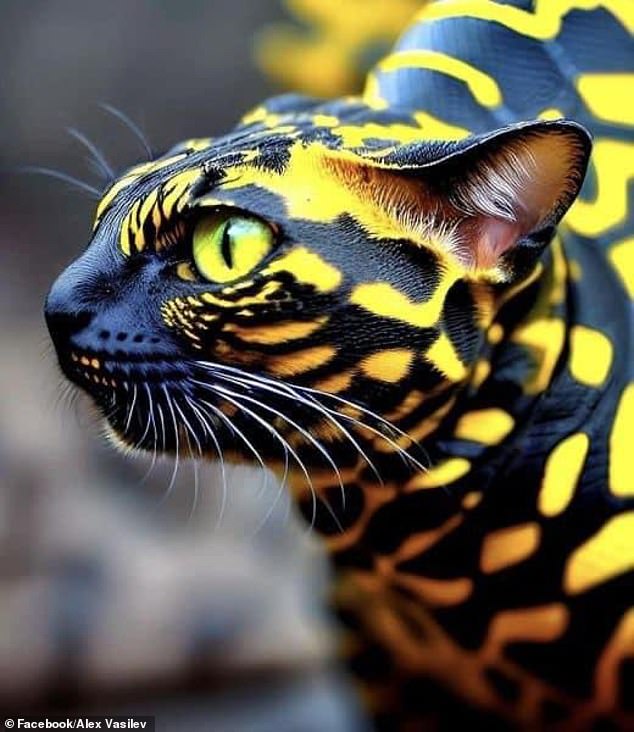 For the last couple of weeks, an image of a cat with reptilian black and yellow splotches on its body (pictured) has been doing the rounds on social media