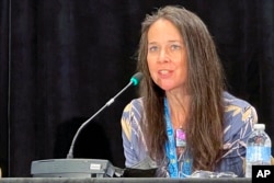 FILE - Jen Easterly, director of Department of Homeland Security's Cybersecurity and Infrastructure Security Agency, speaks in Des Moines, Iowa, Aug. 14, 2021.