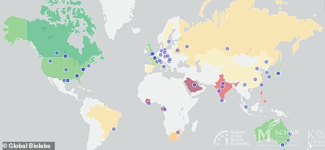 This map shows all the known BSL-4 labs with countries shaded based on how scientists have ranked their overall biorisk management score. Green is good, yellow is medium, and red is poor. Some planned labs are not included as their exact location in the country has not been announced