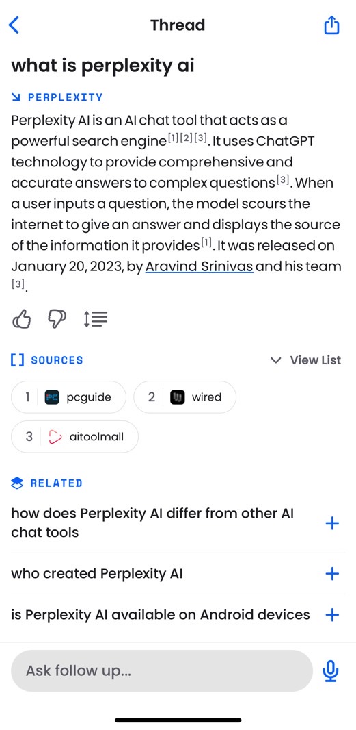 Perplexity AI app screen showing the answer to a question, sources, ad follow-up suggestions.