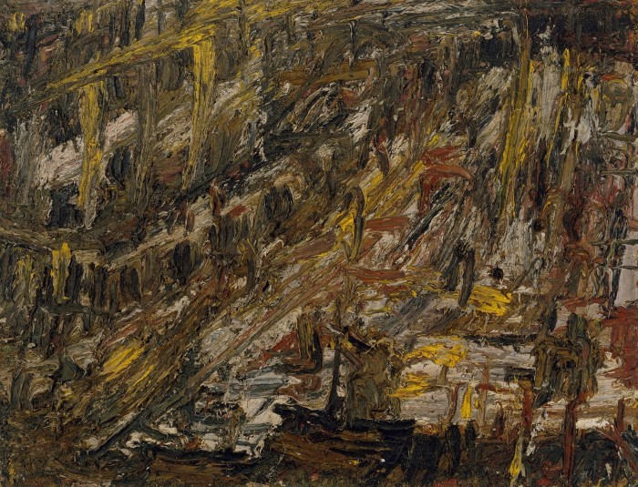 A painting created from thick layers of oil paint depicts a construction site in a city  