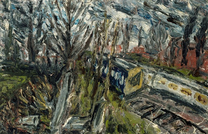 A painting shows a railway line with a train running along it, with wintry trees on either side of the track