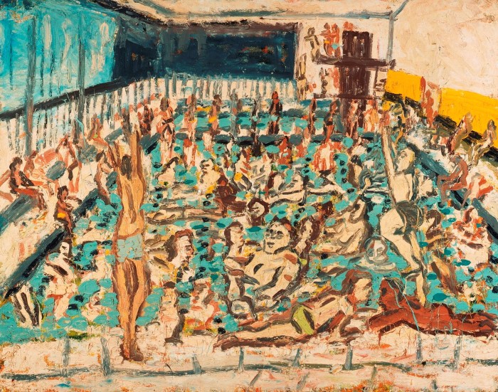 A painting shows a crowded indoor swimming pool