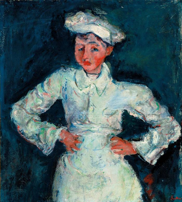 A painting shows a young man wearing a pastry chef’s white uniform, standing with his hands on his hips