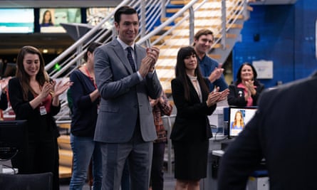 Succession’s Cousin Greg (centre left) and Kerry (centre right).