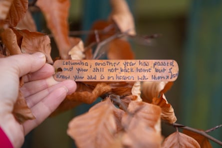 Messages to loved ones are placed in the garden of hope at the Wave trauma centre. This message from Columba’s mother, Vera, reads: ‘Columba, another year has passed and you’re still not back home but I know your soul is in heaven with Mum and Dad.’