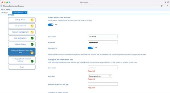 A screenshot of Windows Configuration Designer shows the kiosk account setup.