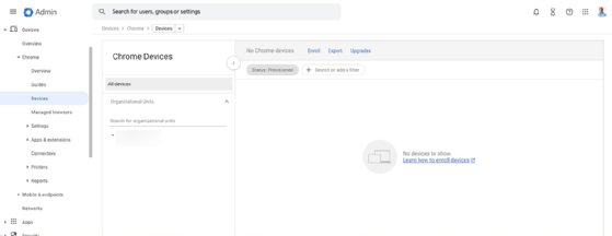 A screenshot of the Chrome Devices tab on Google Admin.