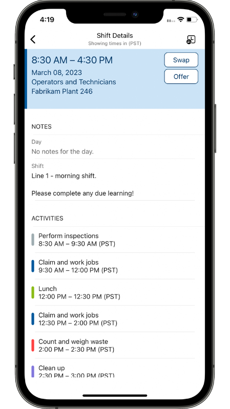 Microsoft Teams Shifts connector preview showing how a manufacturing worker can view shift details, activities they are scheduled to complete during their shift and more.