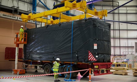 Housing unit craned on to a vehicle at the L&G factory