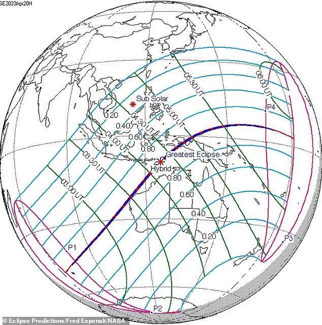 Area indicated by the blue lines on this map is the total area that will be traversed by the moon's shadow on Thursday. The purple line in the centre marks out 'the path of totality'