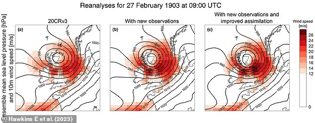 Meteorologists living at an atmospheric observatory on the summit of Ben Nevis measured winds of 'force 10¿11' between 2am and 3am on February 27 1903. This is known to be the equivalent of 45 m/s, or 100 mph (161 kph), but reanalysis using the simulation suggests the maximum speed was 40 m/s (89 mph, 143 kph). Pictured: Simulated wind speeds of Storm Ulysses at 10 m at 9:00am on February 27 1903, from three different models