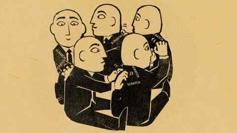 Illustration of five bald men in black suits sitting in a circle on the ground scratching the back of the person in front of them