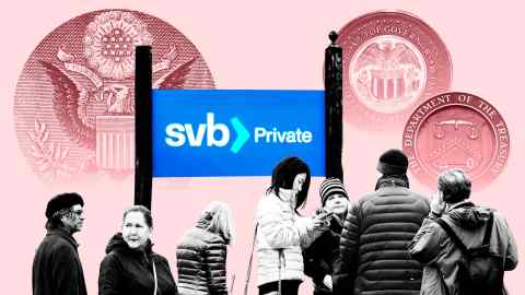 Montage image showing customers queueing outside an SVB branch during the crisis last month, with logos for the US Federal Reserve and government departments in the background