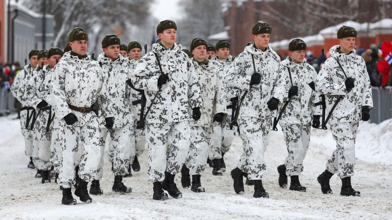 Soliders from the Finnish Armed Forces march during the Independence Day parade in Hamina city in December 2022. 