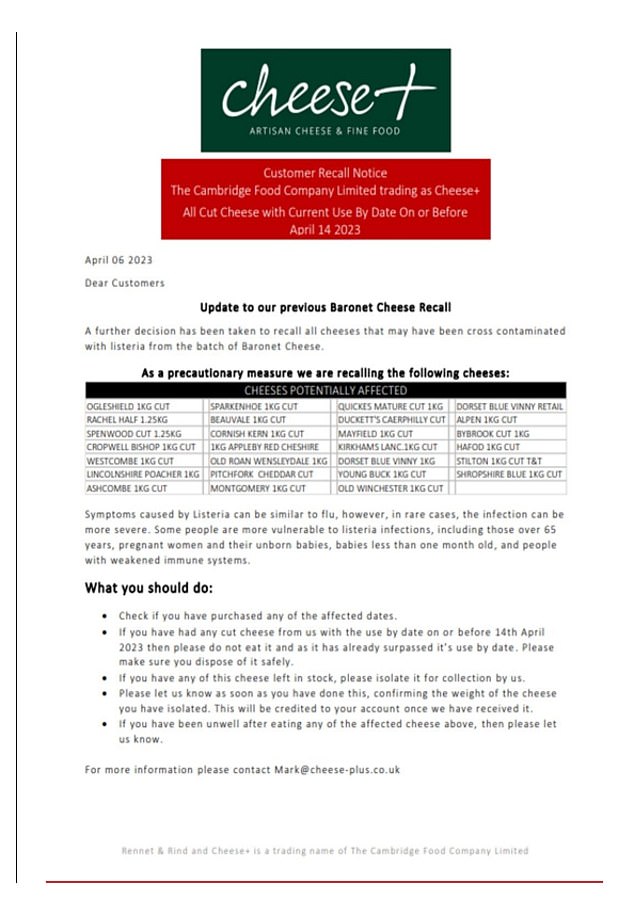 Food safety watchdogs have issued a warning over the potential risk posed by a batch of The Cambridge Food Company cheese with an April, 14 'use by' date