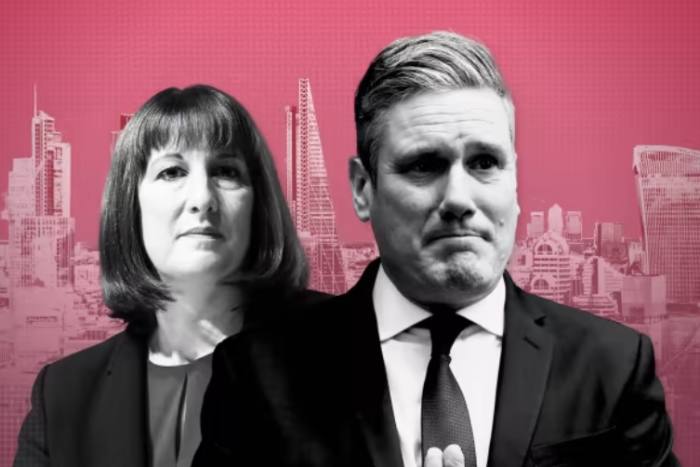 Montage of Rachel Reeves and Keir Starmer with London skyline in background