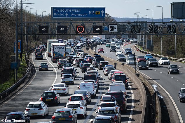 Huge queues of Easter holiay traffic on the M5 near Bristol as holidaymakers and day trippers head to the south west