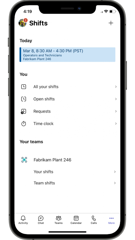 Microsoft Teams Shifts connector preview showing how a frontline manufacturing worker can view their shifts. 