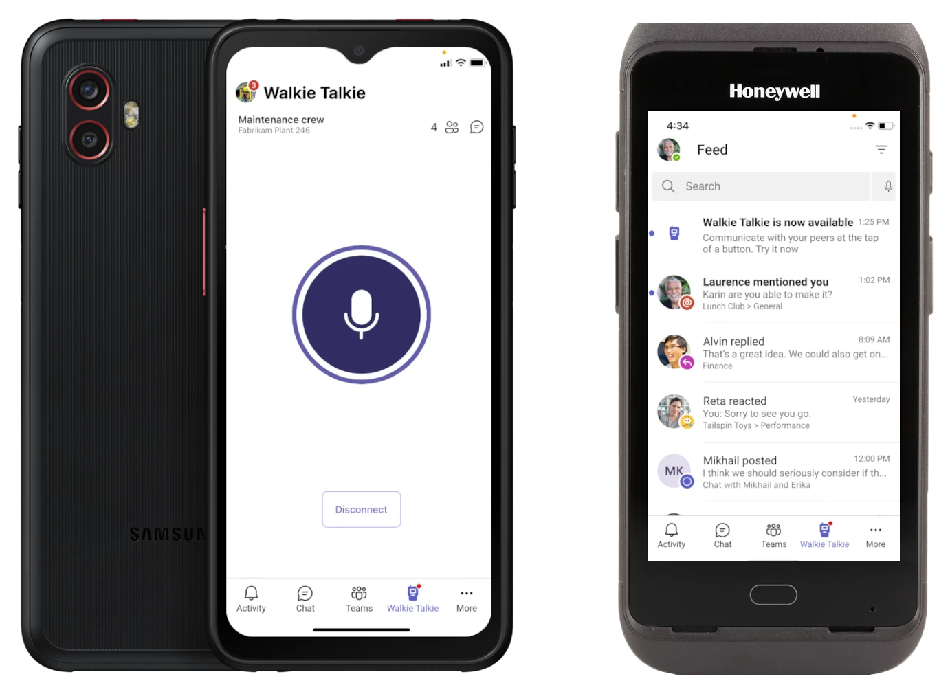 Side by side images. Left: The Walkie Talkie app in Teams on a Samsung device. Right: The Walkie Talkie app in Teams on a Honeywell device. In this screenshot, you can see how the new nudge to explore feature helps onboard new users of Walkie Talkie by prompting them to try out the app.