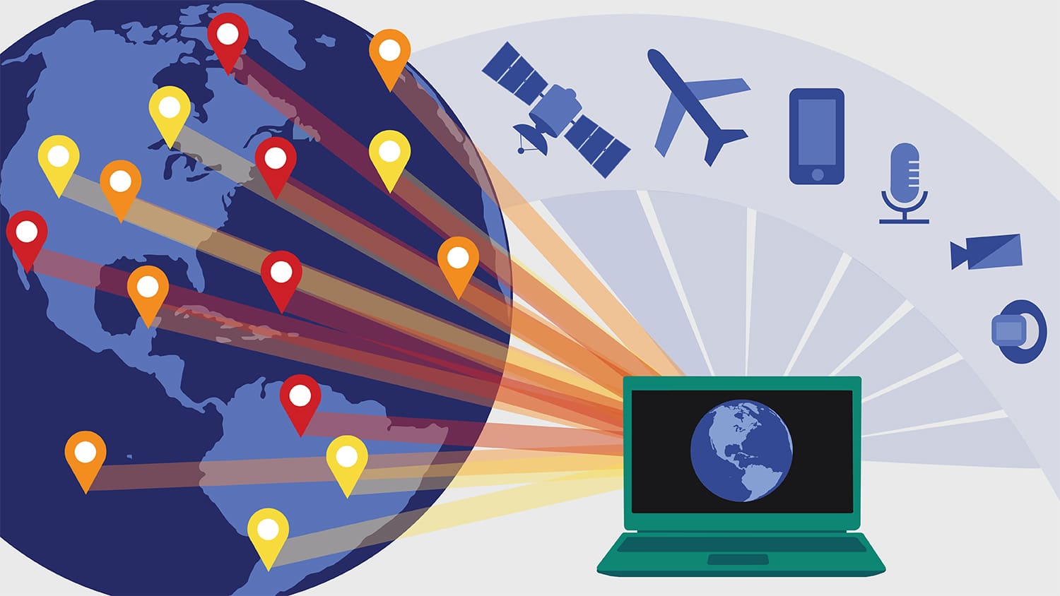 A graphic shows how satellites, planes, phones and media technology are connected on a global scale.