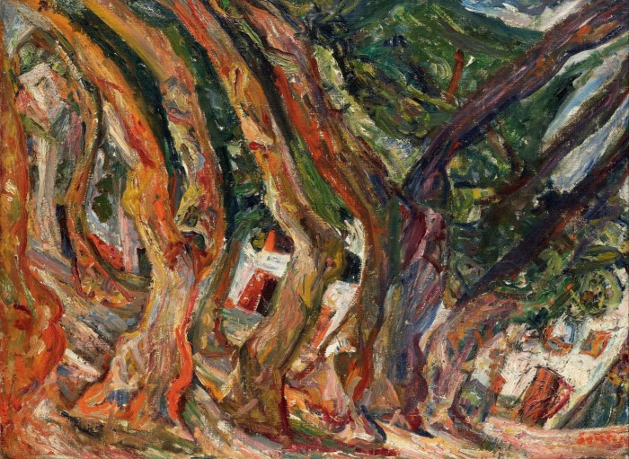 A painting of a scene in southern France shows a line of trees painted at an angle, with houses behind  