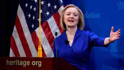Former prime minister Liz Truss delivers the 2023 Margaret Thatcher Freedom lecture at the Heritage Foundation, a conservative think-tank in Washington