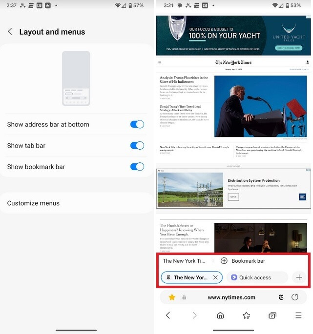The new features can be toggled on and the bookmark and tab bars appear on the browser - The Beta version of the Samsung Internet Browser has some new features