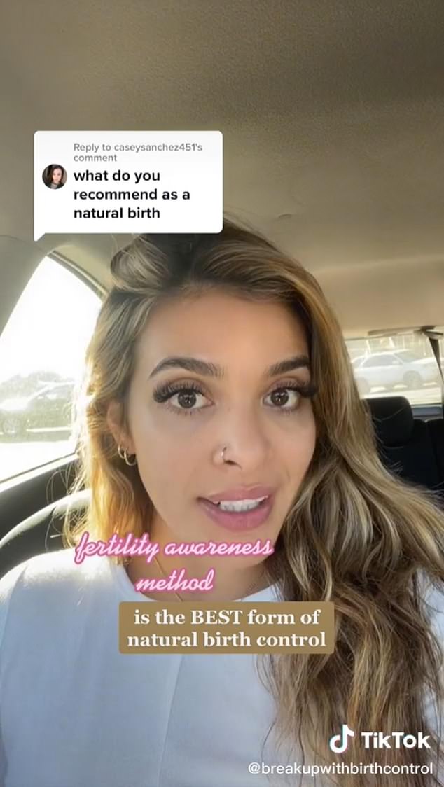 User @breakupwithbirthcontrol also took to TikTok telling her followers: 'I have used the fertility awareness method for the last five years of my life to successfully prevent unwanted pregnancy, to heal my PMS, to finally lose my stubborn belly fat and to stop having such intense mood swings and depression and anxiety'