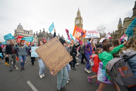 Teachers from the National Education Union, who are on strike today, holding a rally in Westminster this morning.