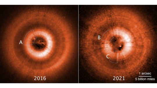 EMBARGOED TO 1500 THURSDAY MAY 4 Undated composite handout photo issued by Nasa of images from the Hubble Space Telescope, taken several years apart, that have uncovered two eerie shadows moving counterclockwise across a gas-and-dust disk encircling the young star TW Hydrae. Astronomers believe they have found evidence of two planets under construction in a distant young star around 200 light years away from Earth. Scientists have spotted two shadows in a disk of gas and dust surrounding TW Hydrae, thought to be cast by two smaller disks nestled inside the star system. Issue date: Thursday May 4, 2023. PA Photo. See PA story SCIENCE Hydrae. Photo credit should read: John Debes/AURA/STScI/ESA/Nasa/PA Wire NOTE TO EDITORS: This handout photo may only be used in for editorial reporting purposes for the contemporaneous illustration of events, things or the people in the image or facts mentioned in the caption. Reuse of the picture may require further permission from the copyright holder.