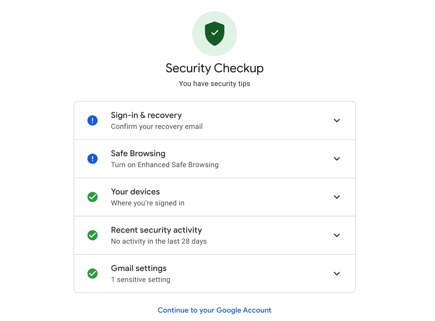 Google account Security Checkup menu.