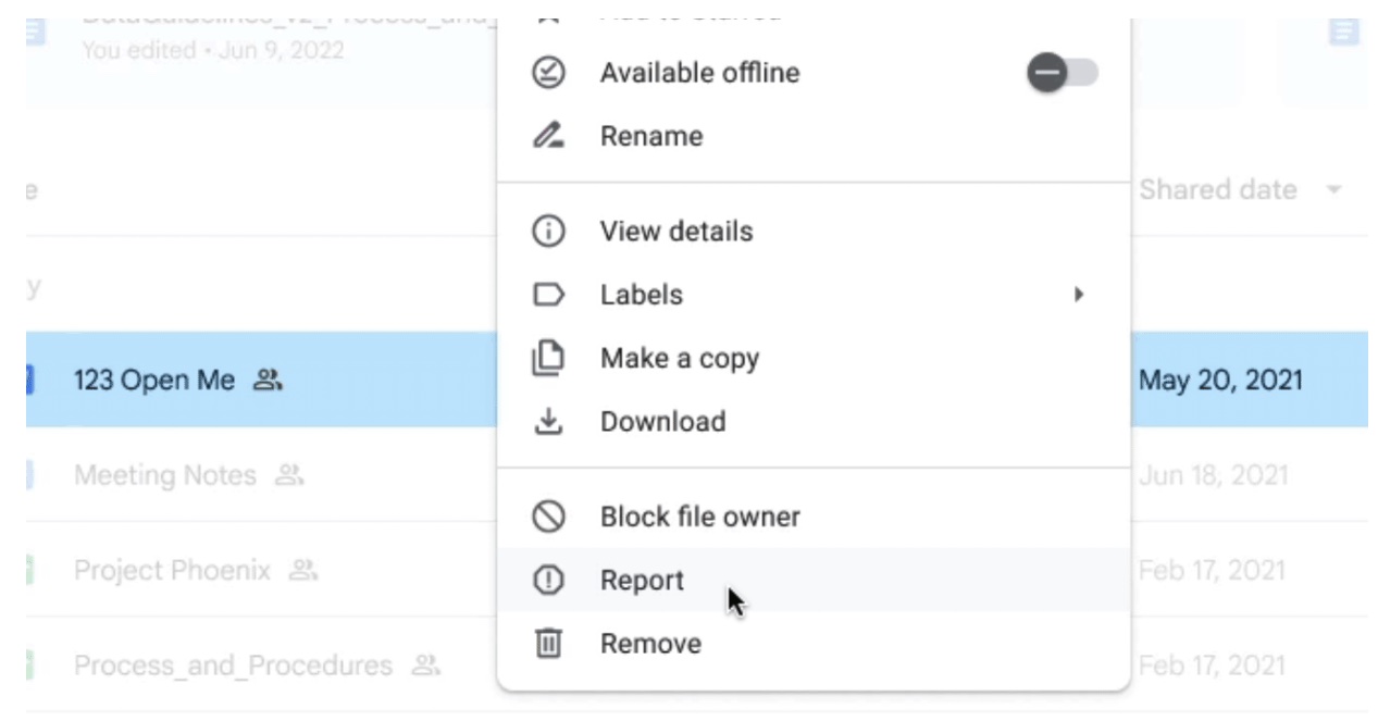 A demonstration of the spam reporting feature in Google Drive. 