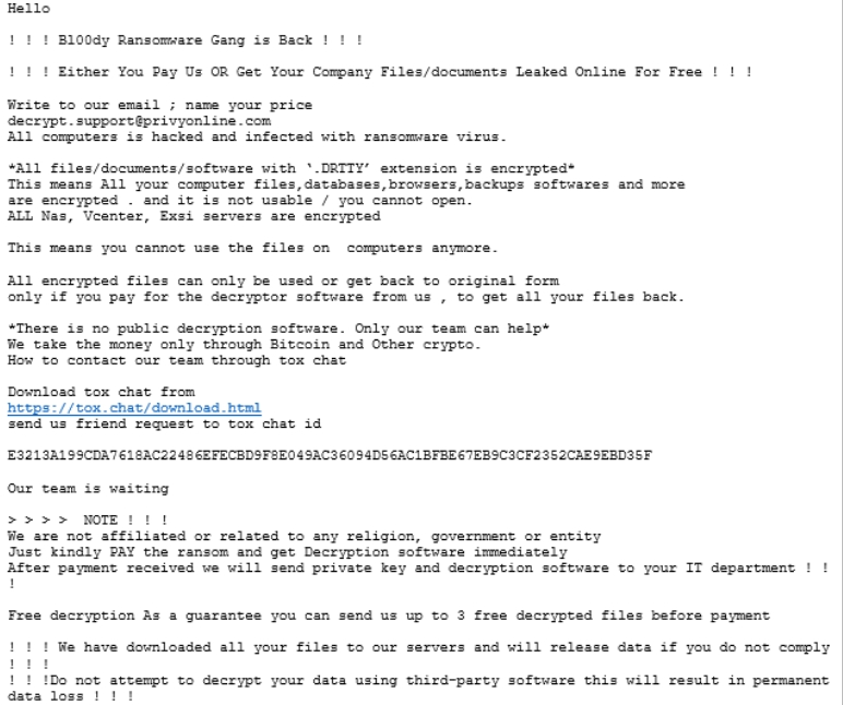 Sample ransomware note from Bl00dy ransomware gang.