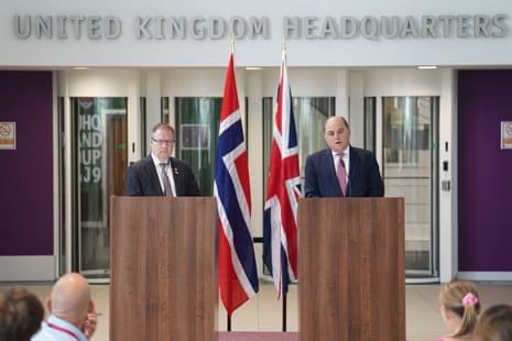 Ben Wallace (right) during a press conference with the Norwegian defence minister, Bjorn Arild Gram, at Permanent Joint HQ in Northwood.