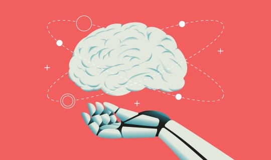 Robot hand holding human brain illustration