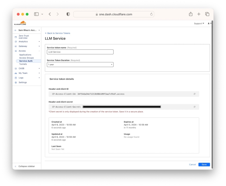 Cloudflare service tokens dashboard.