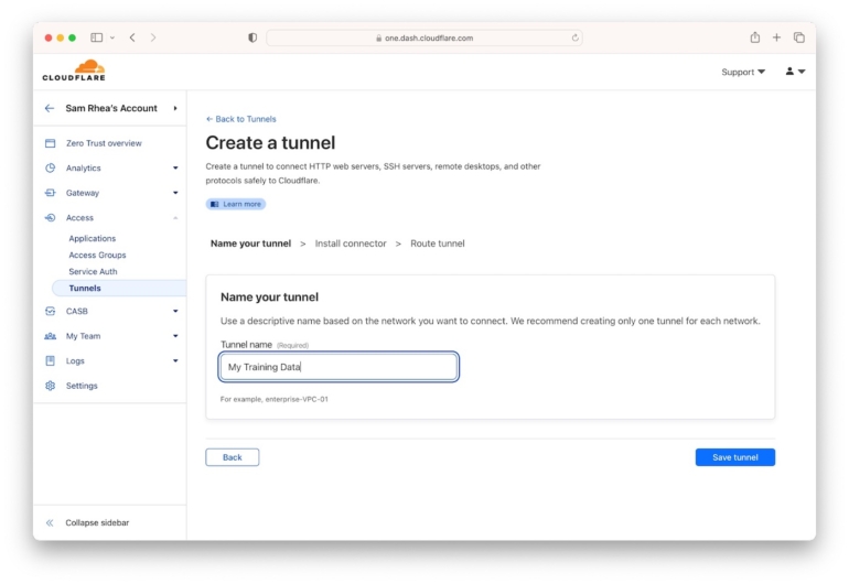 Cloudflare Tunnel creation dashboard. 