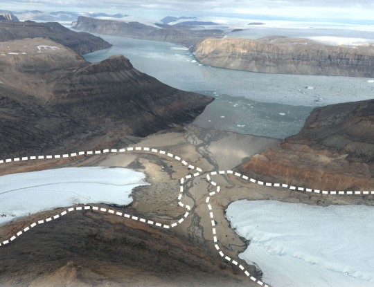 Undated handout photo issued by University of Portsmouth of the area near Jungersen Gletschur, Greenland - the white lines depict where scientists interpret the glacial edge was at the end of the Little Ice Age in 1900. Glaciers and ice caps in Greenland are being lost at three times the rate at which they have melted since the start of the 20th century, according to a study. Scientists from the universities of Portsmouth and Leeds have mapped 5,327 glaciers and ice caps that existed at the end of the Little Ice Age in 1900 - a period of widespread cooling where global temperatures dropped by up to 2C. Issue date: Thursday May 25, 2023. PA Photo. See PA story ENVIRONMENT Glaciers. Photo credit should read: Bob Elberling/PA Wire NOTE TO EDITORS: This handout photo may only be used in for editorial reporting purposes for the contemporaneous illustration of events, things or the people in the image or facts mentioned in the caption. Reuse of the picture may require further permission from the copyright holder.