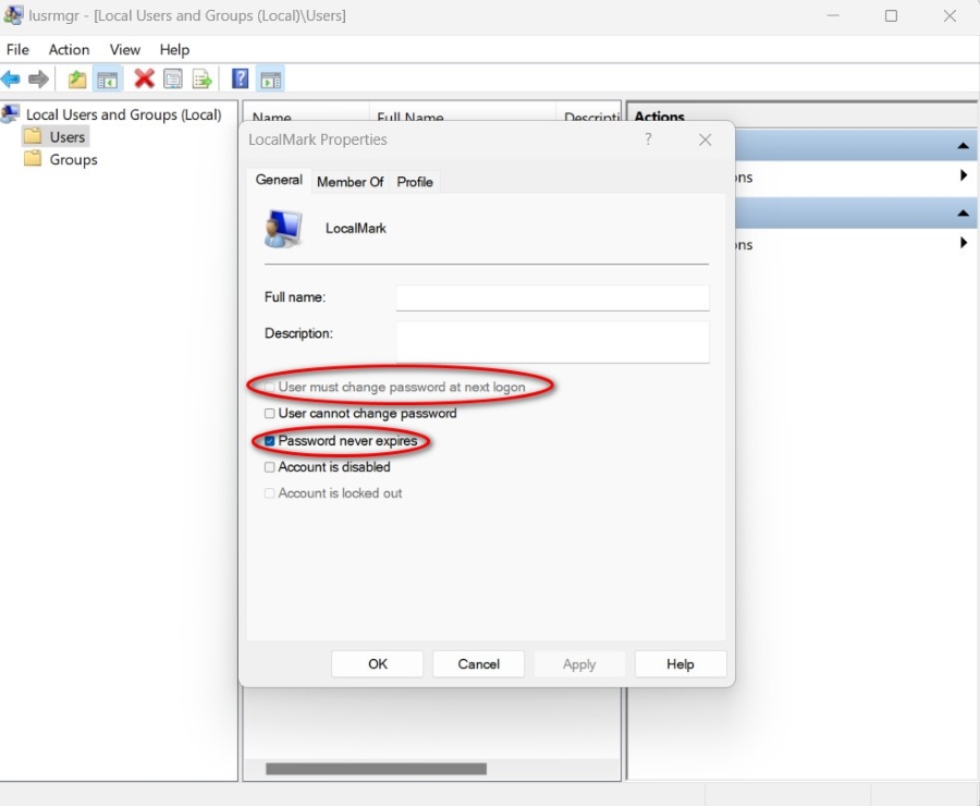 User must change password at next logon and Password never expires circled in red in the LocalMark Properties pop-up