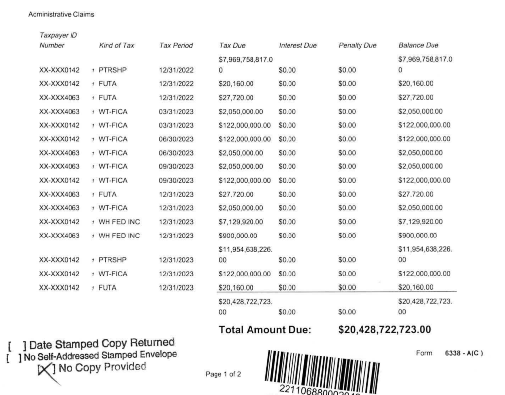 A purported $20.4 billion IRS claim against Alameda Research circulating this week. (Twitter)