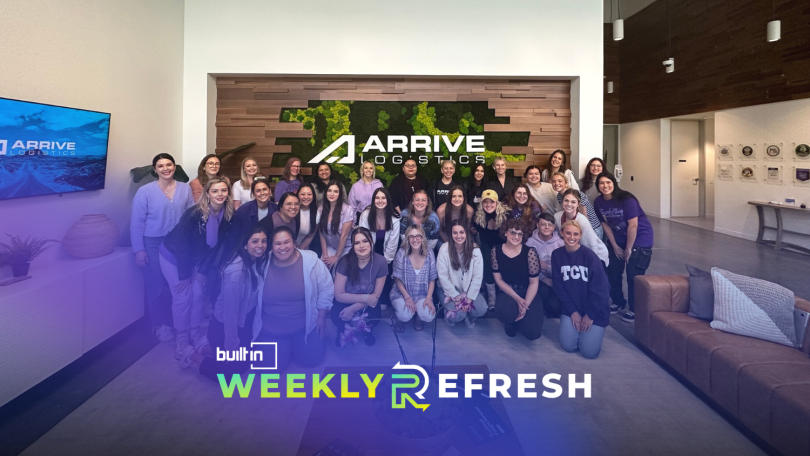 A group photo of the Arrive Logistics team inside the company's office.