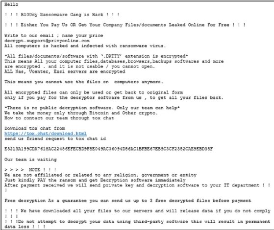 An example of a Bl00dy ransomware gang ransom note.