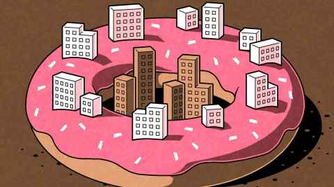 Illustration of a donut with pink icing and sprinkles with rundown buildings in the hole in the middle and shiny buildings around the ring