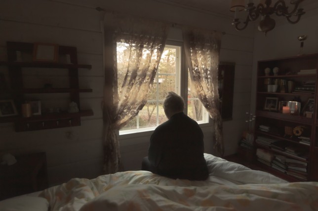 Senior man sitting alone at home. Daytime.