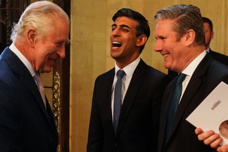 King Charles III (left) meeting Rishi Sunak and Keir Starmer (right) when he visited Westminster Hall at the Houses of Parliament today ahead of Saturday’s coronation.