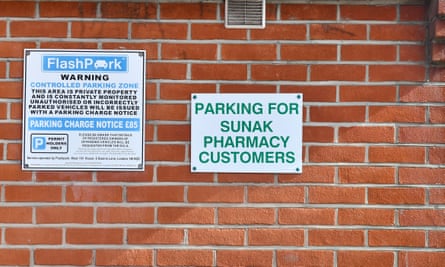 The sign at the back of Bassett Pharmacy in Southampton: 'Parking for Sunak pharmacy customers'